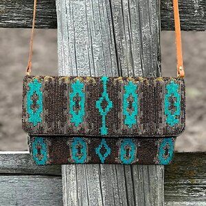 Turquoise Western Ikat Gold Metallic Thread Crossbody Clutch Handbag Seed Beaded